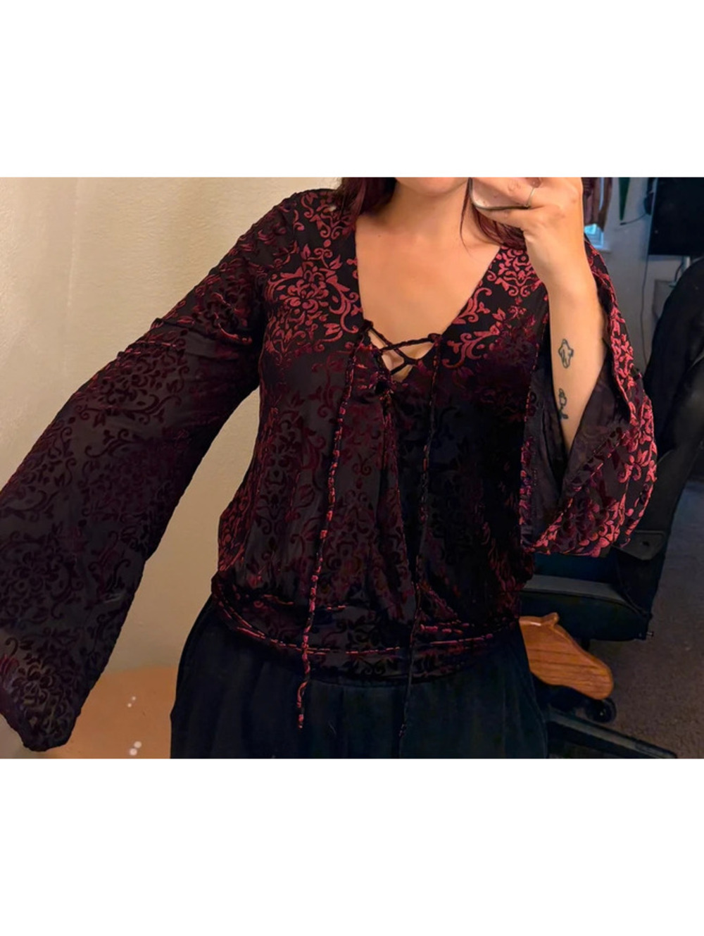 maroon and black velvet Gothic whimsy Goth alternative Bell sleeve lace up
